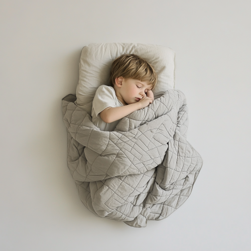 The Boy Sleeping in a Grey Quilted Bed