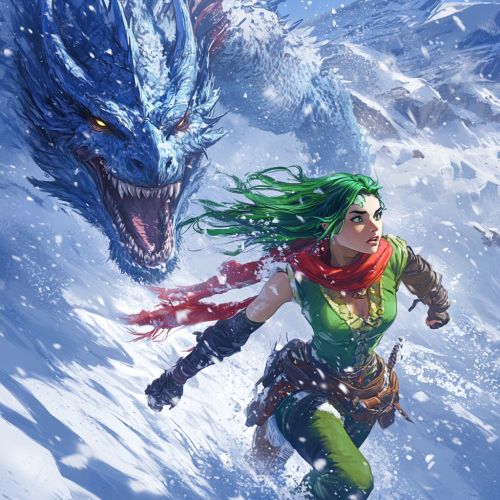 The Brave Superheroine Battles Icy Dragon in Snowy Landscape