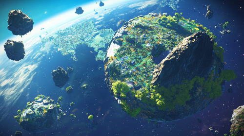 The Broken Planet with Floating Rocks and Cities
