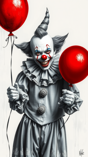 The Clown's Black and White Art with Red Balloon