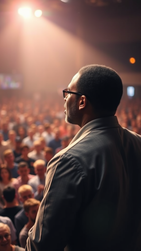 The Confident Man Addressing a Massive Crowd