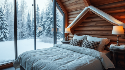 The Cozy Bedroom in the Snowy Wooden Cabin The Cozy Bedroom in the Snowy Wooden Cabin