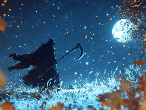 The Death Reaper in Dark Cemetery Night Landscapes