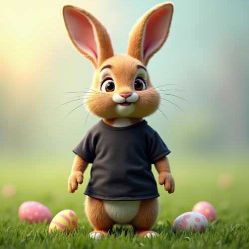 The Easter Bunny in a Black T-Shirt on Grass