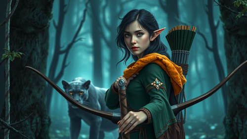 The Elven Archer and Her Panther in Forest