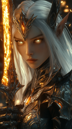 The Elven Queen with Golden Hair and Flaming Sword