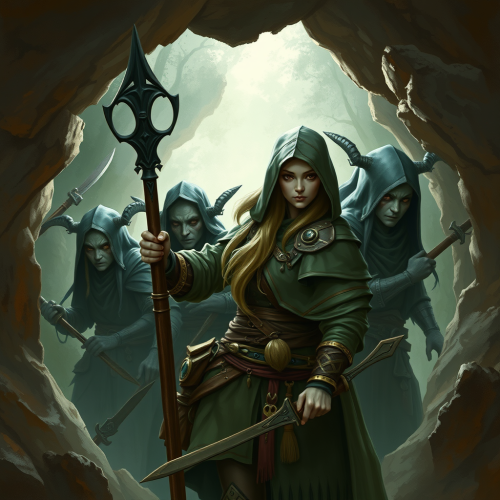 The Enchanter and Drow Fighters Underground