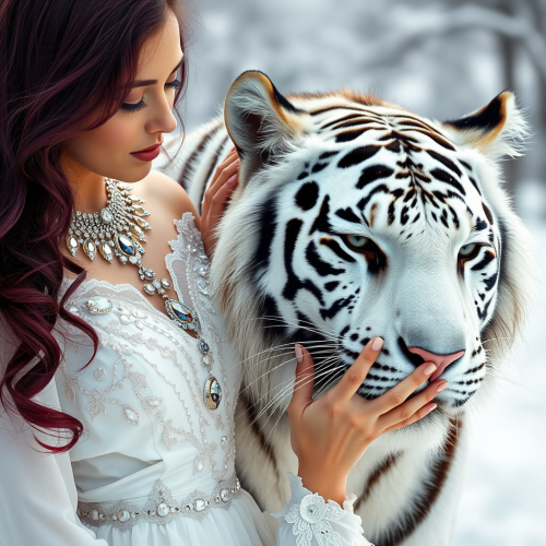 The Enchantress Stroking White Tiger in Winter