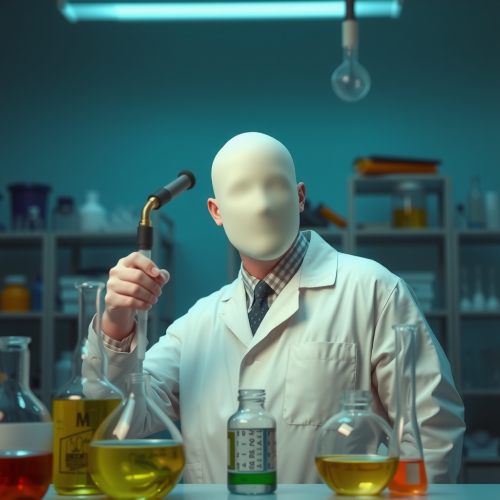 The Faceless Scientist Analyzing Beakers in Lab