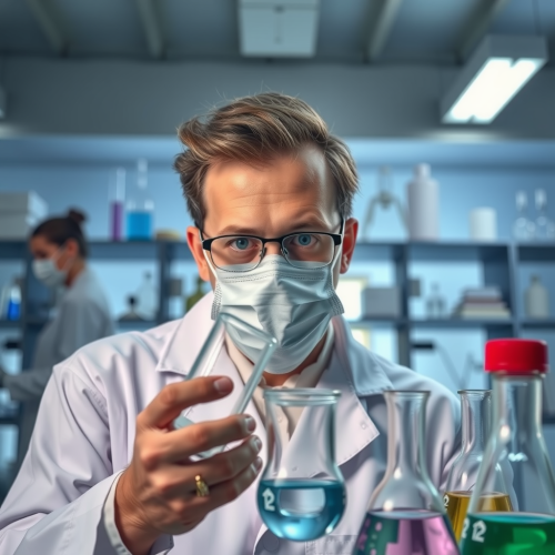 The Faceless Scientist Examining Beakers in Lab