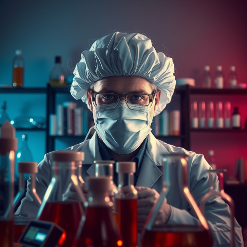 The Faceless Scientist Studying Beakers in Lab