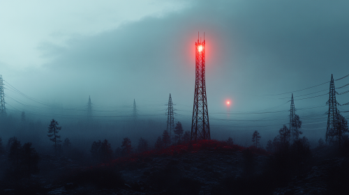 The Glowing Red Tower in the Rainy Landscape