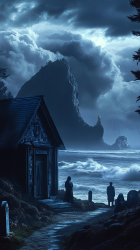 The Haunting Coastal Town: Grieving Family by Grave