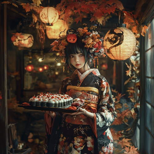 The Japanese Girl in Halloween Costume with Sushi