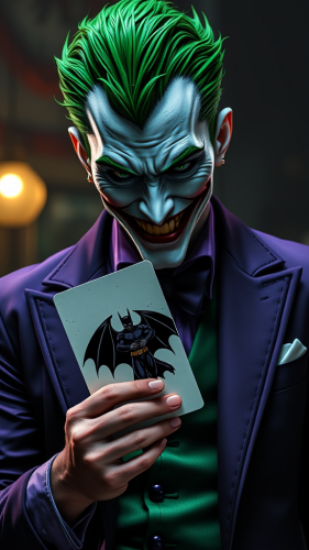 The Joker Holding Batman Card in Purple Outfit