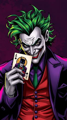 The Joker Holding Batman Card in Purple Outfit