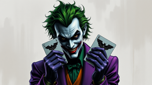 The Joker Holding Batman Card in Purple Outfit