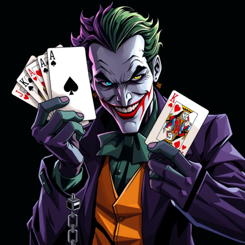 The Joker Holding Batman Card on Black Background