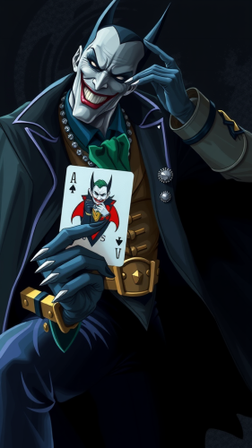 The Joker Holding Batman Card on Black Background