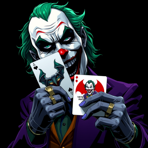 The Joker Holding Batman Card on Black Background