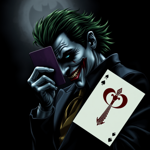 The Joker Holding Batman Card on Dark Background