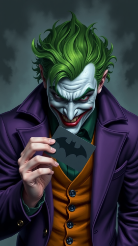 The Joker Holding Batman Card with Green Hair