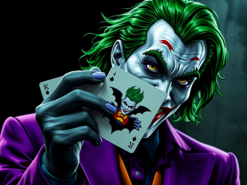 The Joker with Green Hair Holding Batman Card