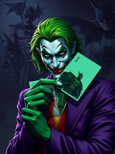 The Joker with Green Hair Holding Batman Card