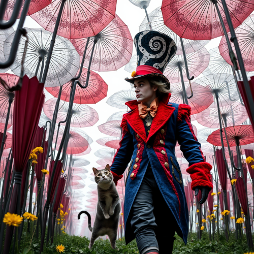 The Mad Hatter with Cheshire Cat in Abstract Umbrella Grove
