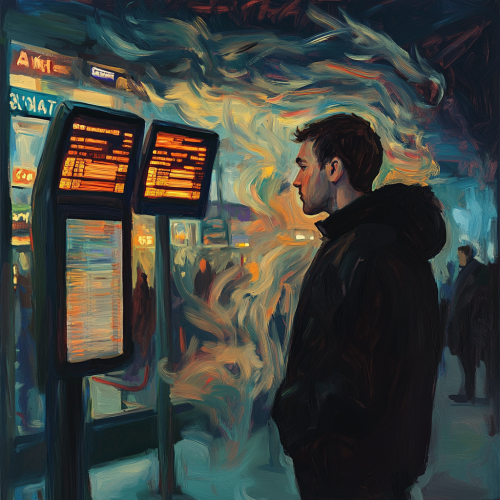 The Man at Airport with Vibrant, Swirling Energy