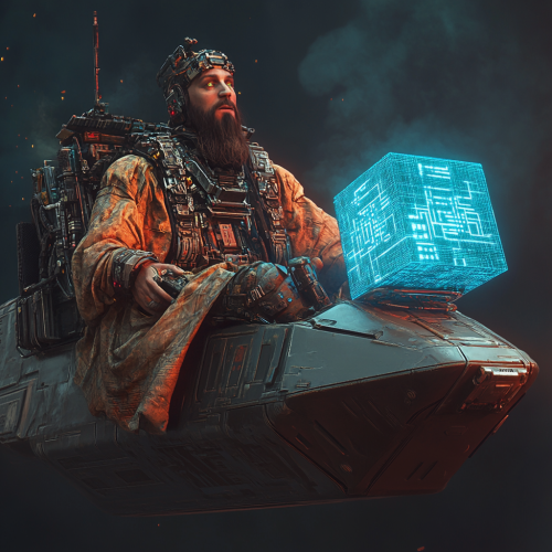 The Man in Cyberpunk Boat with Blue Cube. The Man in Cyberpunk Boat with Blue Cube.