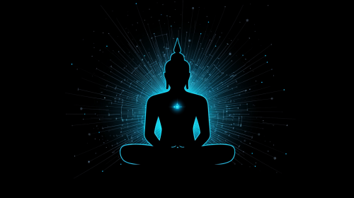 The Meditative Buddha with Blue Glow and Circuitry