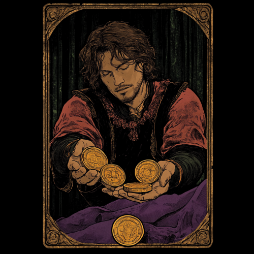 The Merchant Holds 3 Gold Coins in Tarot Card.