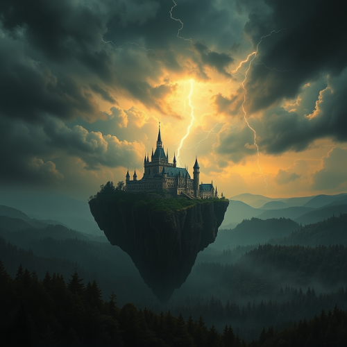 The Mysterious Floating Island Castle under Lightning Sky