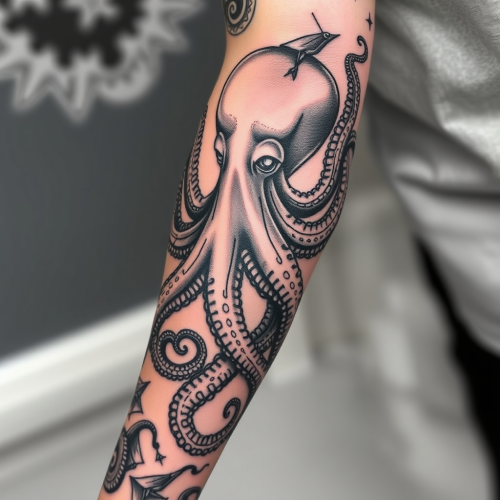 The Octopus Arm Sleeve Tattoo in Black and Grey