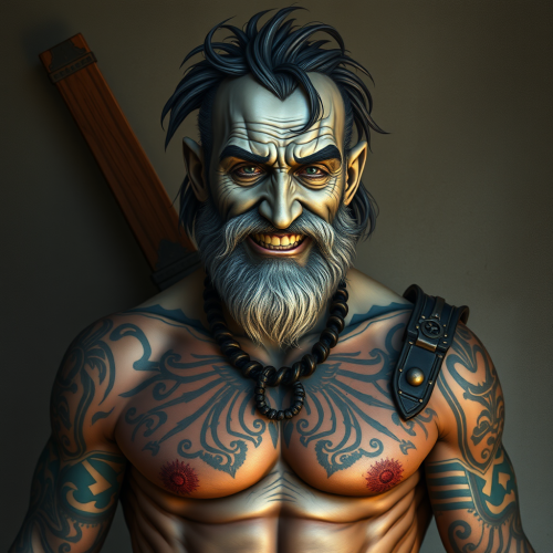 The Old Blacksmith with Blue Skin and Tattoos