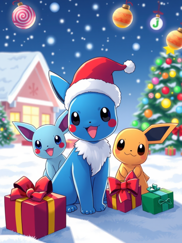 The Pokemon Celebrating Christmas on White Background