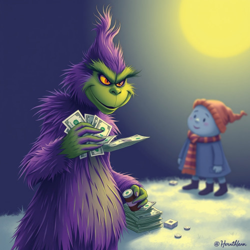 The Purple Grinch Distributing Money to Children
