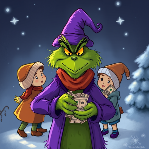The Purple Grinch Generously Distributing Money to Kids