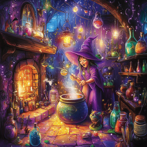 The Purple Witch Mixing Potions in House