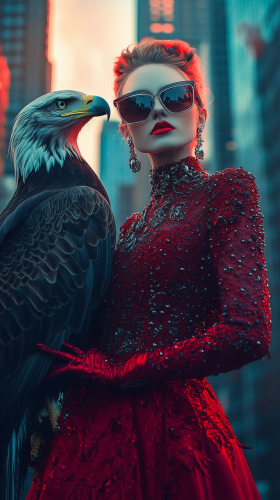 The Queen poses with eagle in city.