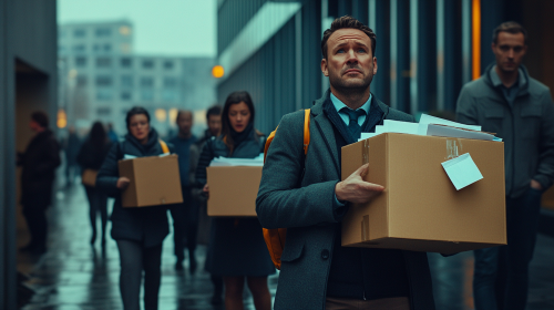 The Upset Businessman and Secretary in a Long Line