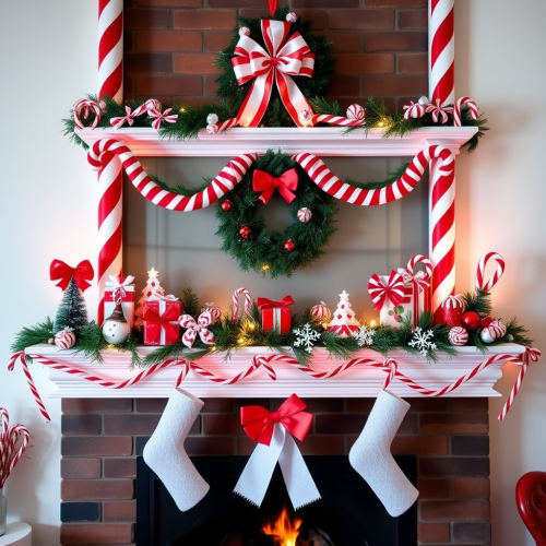The Vibrant Candy Cane Themed Fireplace Mantle