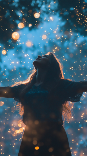 The Woman Embracing Stardust and Glowing Stars The Woman Embracing Stardust and Glowing Stars