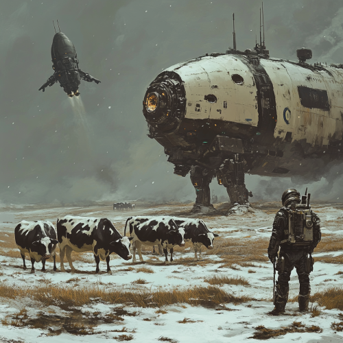 The astronaut observes a post-apocalyptic scene.