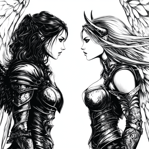 The beautiful angel and devil in armor fighting