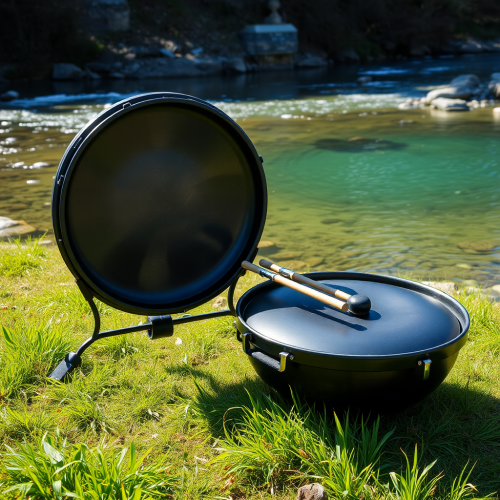 The beautiful black handpan drum by the river. The beautiful black handpan drum by the river.