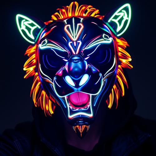 The cyberpunk man wears a LED mask.