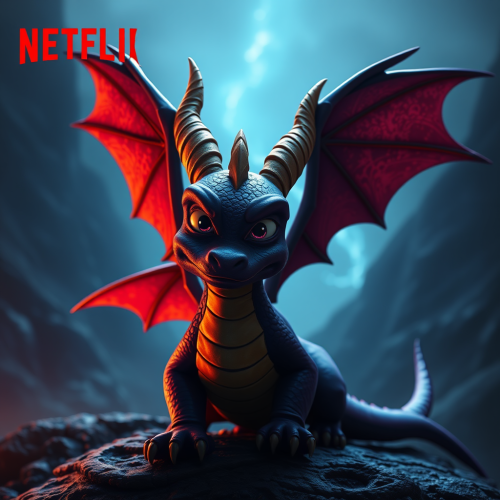 The dark Spyro from Netflix sitting on white chair