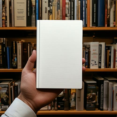 The man's hand holds a white book